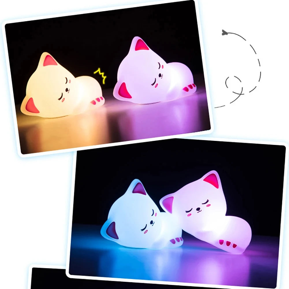 Veilleuse Enfant Chat 7 Couleurs – Lampe de Nuit Silicone Rechargeable avec Minuterie