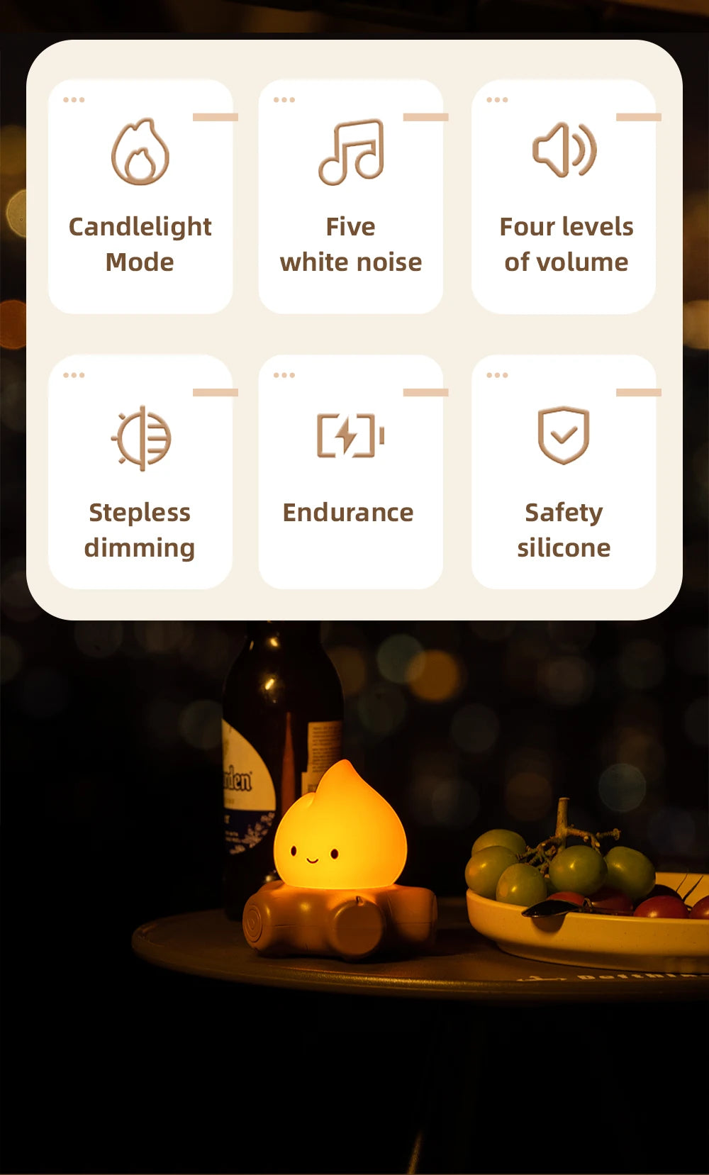 Veilleuse Feu de Camp LED avec Bruit Blanc – Lampe d’Ambiance pour Chambre d’Enfant