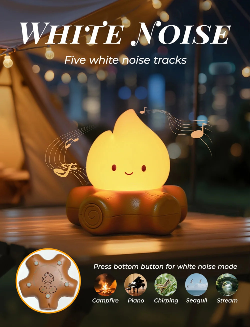 Veilleuse Feu de Camp LED avec Bruit Blanc – Lampe d’Ambiance pour Chambre d’Enfant